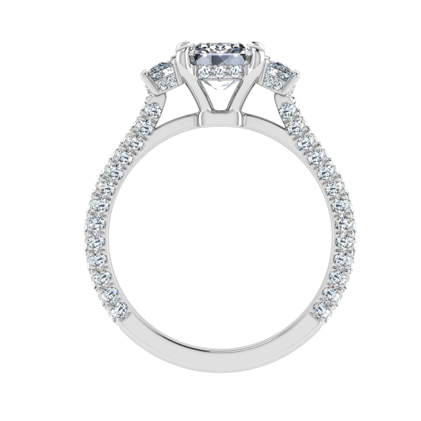 Flare Emerald 3 Stone Moissanite Engagement Ring White Gold